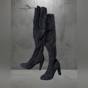 Streetwear Society Black Over-the-Knee Lace-Up Suede Boots